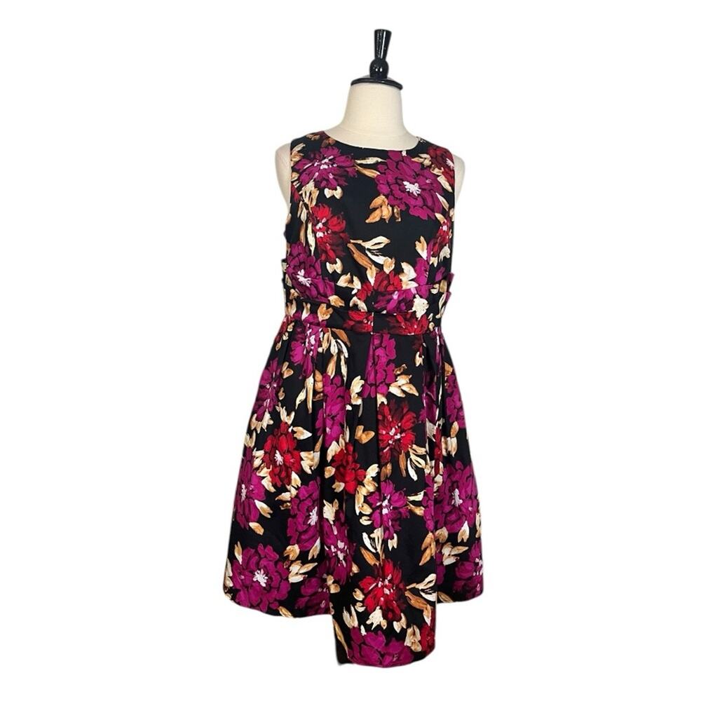 City Chic Fit Flare Dress Ruched Waist Black Pink Floral Women’s Size 18